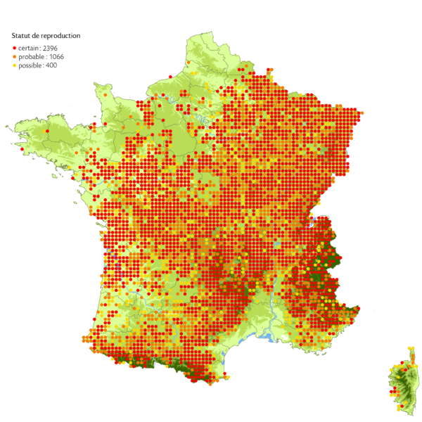 Répartition de la Pie-grièche écorcheur en France sur la période 2005-2012 (Issa & Muller, 2012)